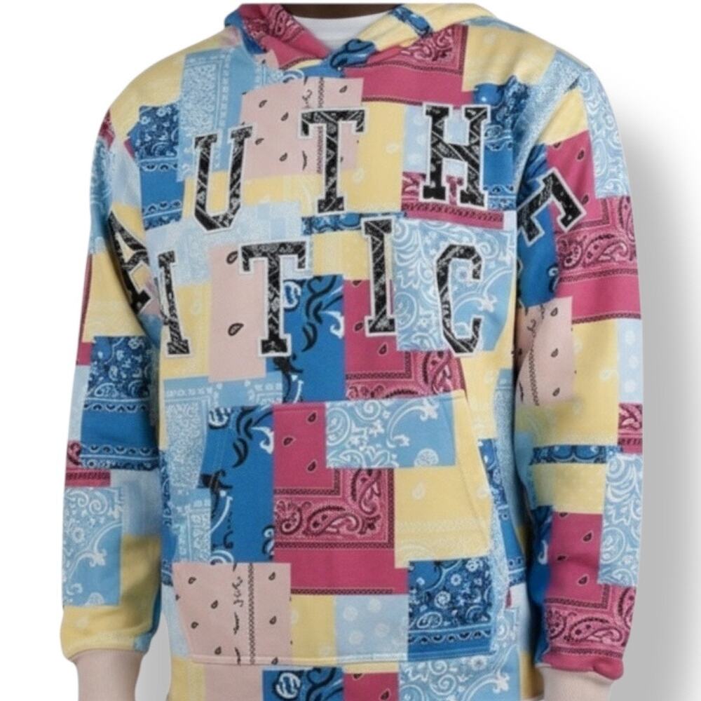 Authentics Bandana Patchwork Hoodie Pastel Paisley Pullover Sweatshirt Large